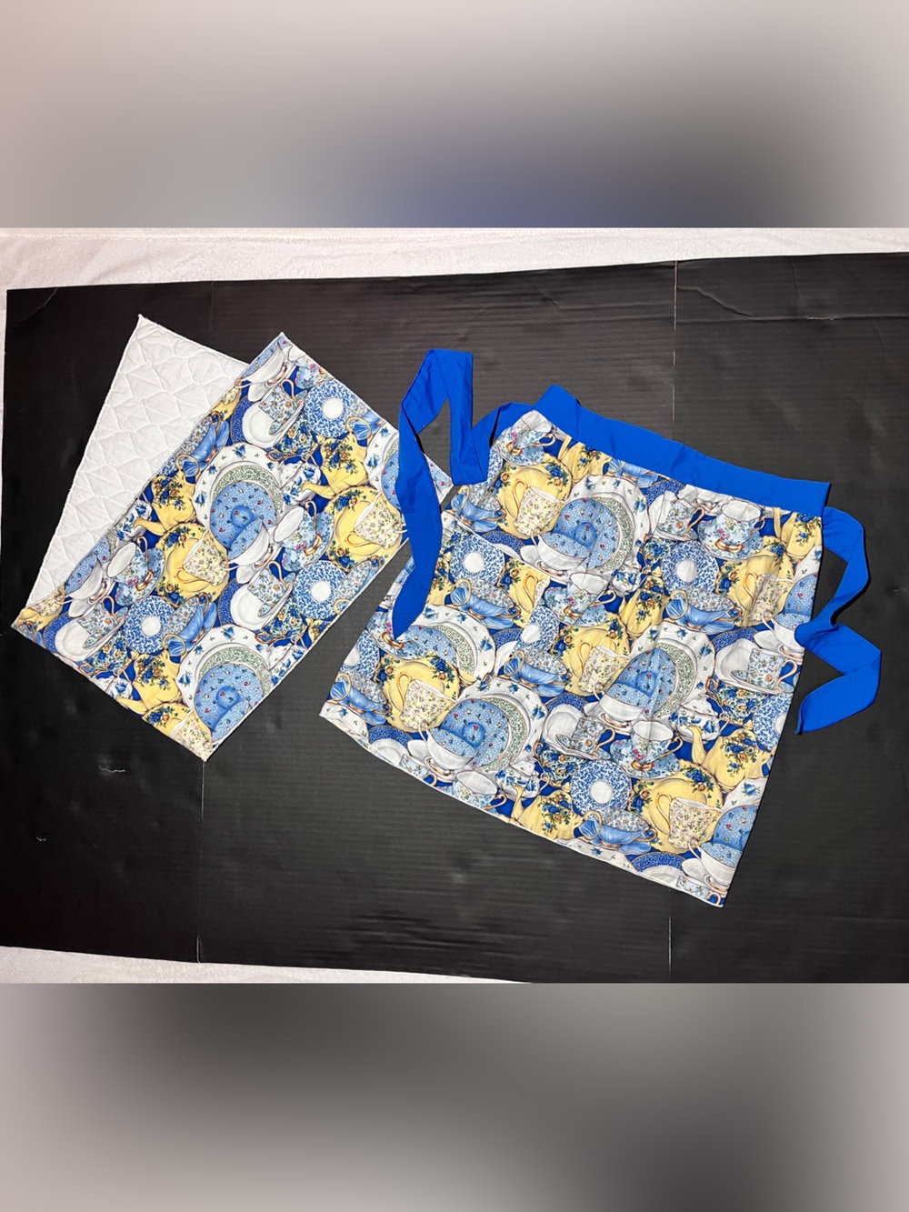 Royal Doulton Inspired Blue & Yellow Tea Party Patterned Apron & Runner Set